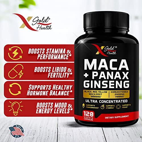 Maca Root Capsules 10,000Mg + Korean Panax Ginseng 1,400Mg - 20X Concentrated Extract Black + Red + Yellow Maca Root, 10X Concentrated Extract Panax Ginseng Capsules - Ultra Potent & Highly Purified #TOP3