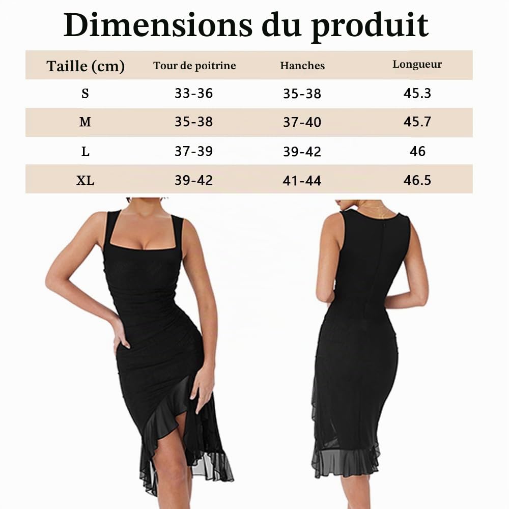 Robe Femme Sexy Fendue sans Manches Col en Carrée d'Été à Ourlet Volanté Plissée Elégant Slim Bodycon Robes pour Soirée Cocktail Party(Noir/L)