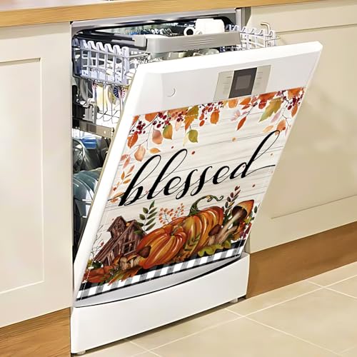 Image of Fall Pumpkin Dishwasher Magnet Cover Blessed Autumn Dishwasher Magnet Sticker for Kitchen 23x26 in Thanksgiving Decor Dish Washer Magnets Cover Refrige Magnets Panel Decal