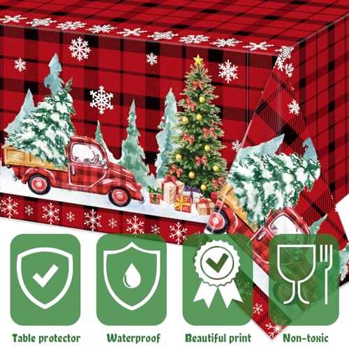 Christmas Tablecloth Christmas Red Truck Buffalo Plaid Tablecloths Christmas Snowflake Table Cover for Christmas New Year Birthday Holiday Party Decorations, 54x108 inch – Image 3