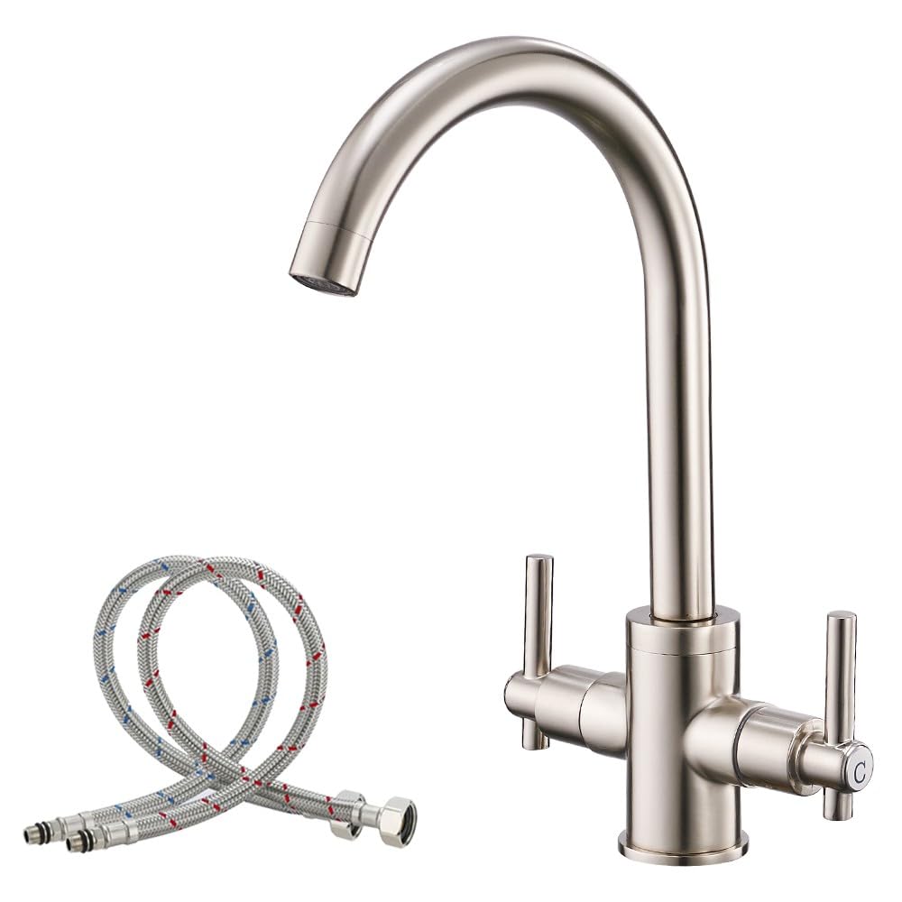 Haiba Kitchen Taps Mixer Sink Tap 360 Swivel Spout High Arc Monobloc Dual Lever Solid Copper Material Brushed Nickel Finish with Brass Mounting Kits Easy to Install