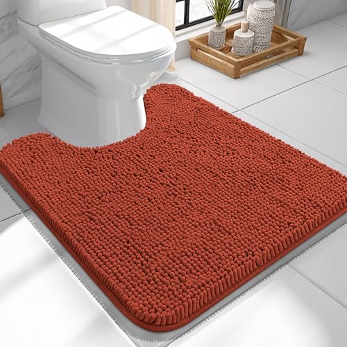 Image of OLANLY Toilet Rugs U-Shaped 24x24, Extra Soft Absorbent Chenille Contour Bathroom Rugs for Toilet, Dry Quickly, Machine Washable, Non-Slip Bath Mat, Rustic Terracotta