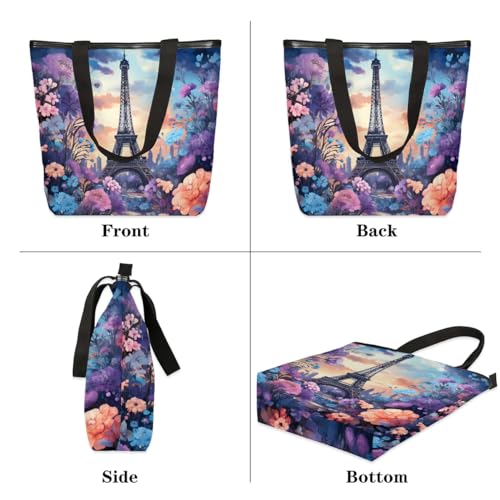 Paris Tower Flower Canvas Tote Bag for Women Large Tote Bag with Zipper & Pockets Canvas Beach Bag Shoulder Bag Reusable Shopping Bags Cute Tote Bags for Work Travel3