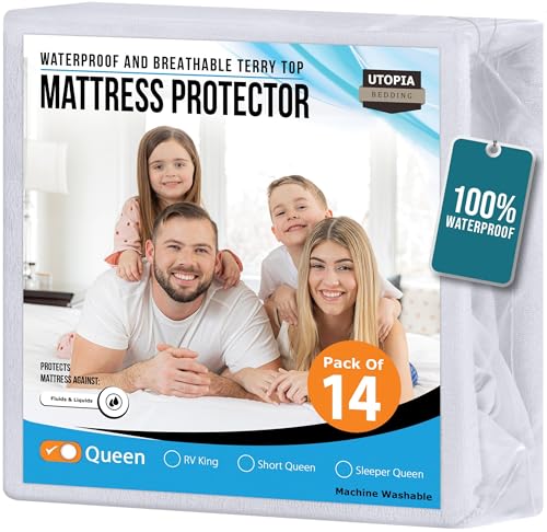 Utopia Bedding Waterproof Mattress Protector Queen Size (Pack of 14), Premium Terry Mattress Cover 200 GSM, Breathable, Fitted Style with Stretchable Pockets (White)