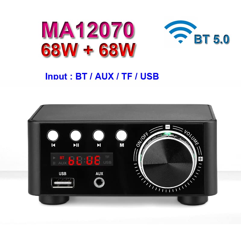 Amplificatore Hi-Fi， Amplificatore audio 68W+68W Infineon MA12070 Bluetooth 5.0 Amplificatore di potenza audio digitale Classe D USB AUX TF Home Theater HiFi Stereo Mini(Black Amplifier)