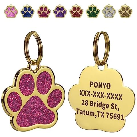 Olodeer Personalized Pet ID Tags for Dogs and Cats, Custom Laser Engraved Pet Information, Clear and Easy to Read, Alloy Steel Cute Paw Shaped Dog ID Tag.(Hot Pink) Cover