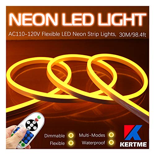 KERTME Neon Led Type AC 110-120V LED NEON Light Strip, Flexible/Waterproof/Dimmable/Multi-Modes LED Rope Light + 23 Keys Remote for Home/Garden/Building Decoration (98.4ft/30m, Golden Yellow)