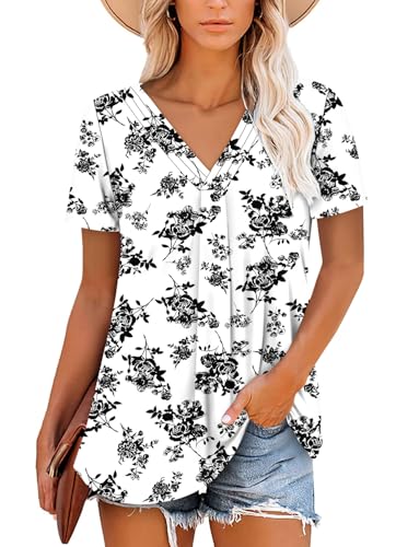 ONLYSHE Womens Summer Tops Casual T Shirts Loose Fit V Neck White Black Short Sleeve Blouse XL