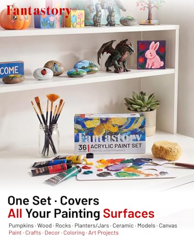 Image of Fantastory 36ml 36 Colors Acrylic Paint Set with 10 Brushes | Excellent Coverage, High Light Fastness, Waterproof, Includes Extra White & Gold, for Canvas, Wood, Ceramics, Models