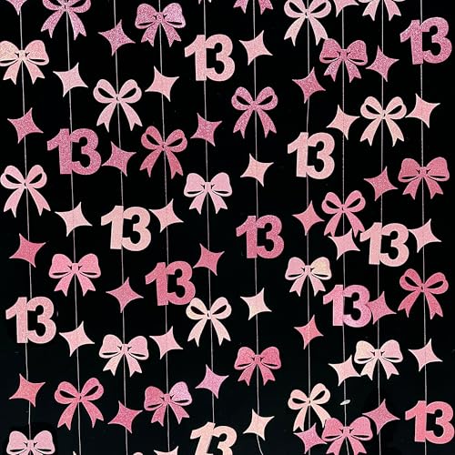 Image of Glitter Pink 13th Bow Birthday Decorations Hot Pink Conquette Bow Garland Streamer Banner Backdrop for Girls Happy 13th Birthday Official Teenager Cheers to 13 Years Old Anniversary Party Supplies