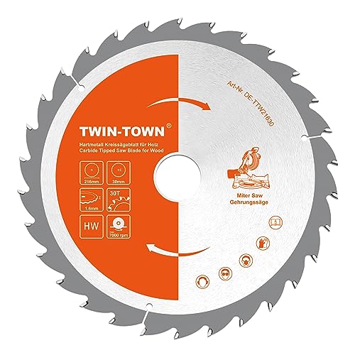 TWIN-TOWN - Hoja de Sierra Circular para Madera HM, 216x30mm 30 Dientes, Anillo Reductor 20mm, Ideal para Construcción en Madera Natural Madera Dura Encofrado Tablero de Fibra Madera Encolada