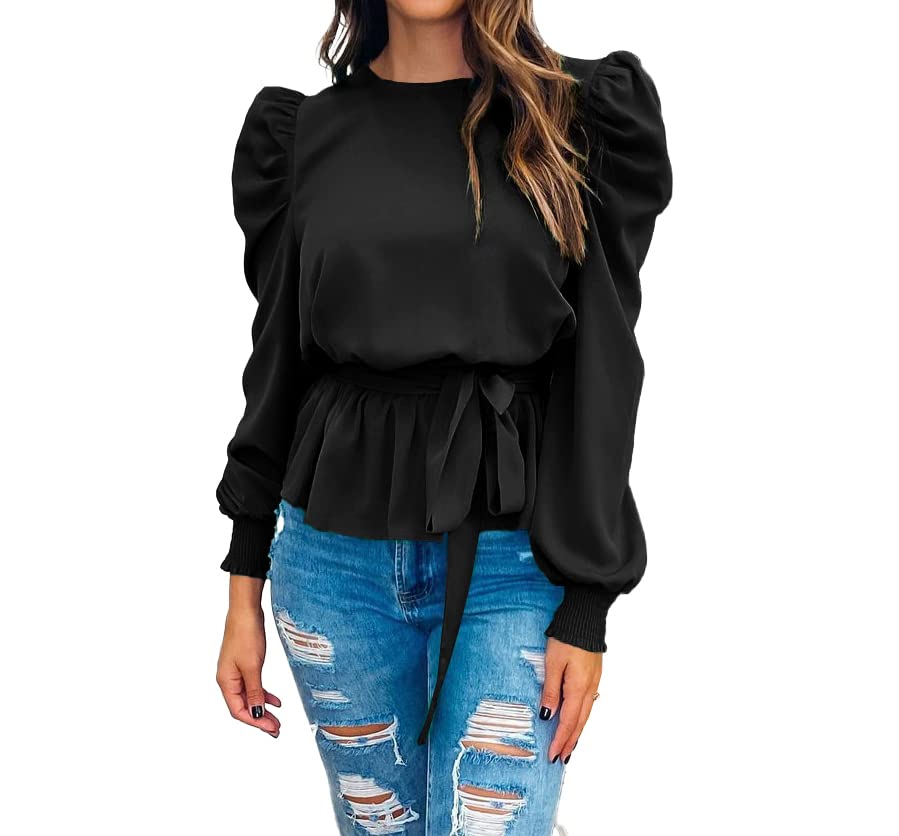 PRETTYGARDENWomen's Fashion Puff Long Sleeve Blouses Satin Tie Waist Peplum Work Blouse Dressy Casual Tops