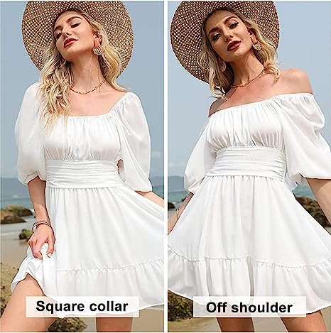 Patlani Western Dresses For Women | Solid Georgette Smock Off Shoulder- Dress | Midi Western Dress For Women.(Off-White-L)