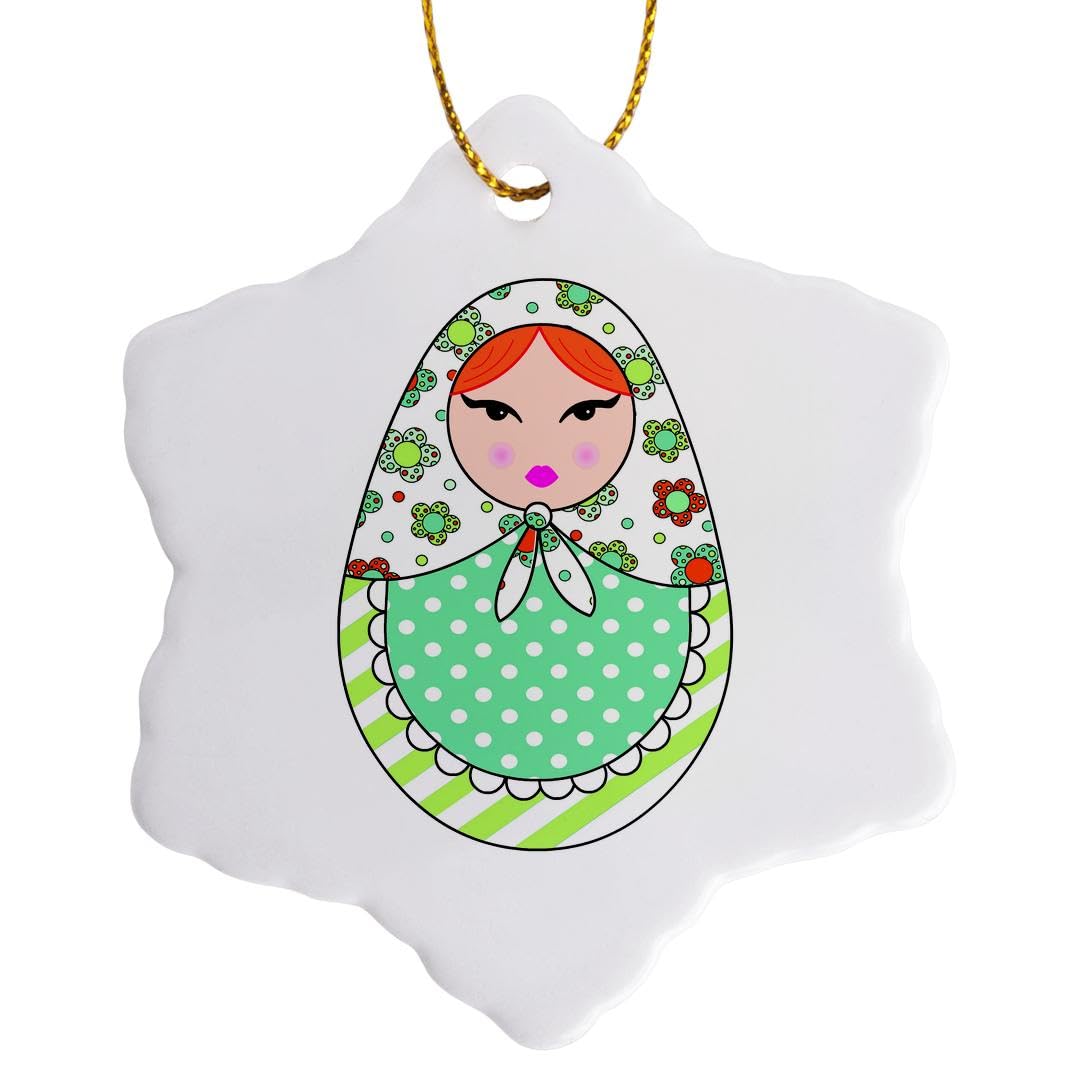 3 inch Snowflake Porcelain Ornament - Cute Russian Matryoshka Nesting Doll Orange Hair - Warm Colors White Designs Dolls