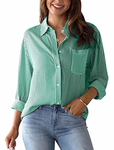 Image of Womens Striped Tops Button Down Long Sleeve Blouse Cuffed Sleeve Collared Shirt Elegant V-Neck Causal Shirt Fashion Work Ladies Tops Basic Longline Shirts Green S