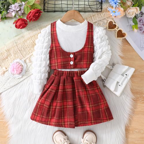 Image of Toddler Girls Christmas Outfits Girls Puff Sleeve Knit Ribbed Tops Button Down Vest Plaid Skirt Set Winter Clothes