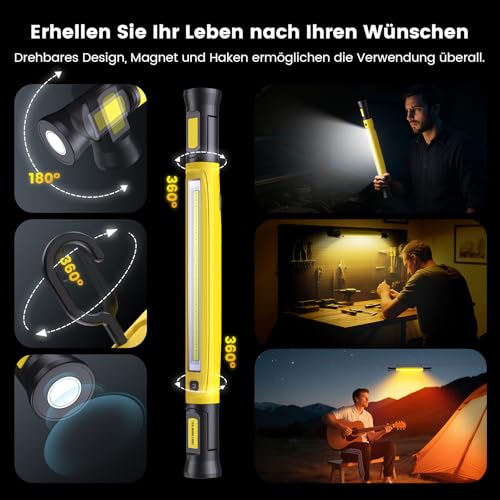 Arbeitsleuchte 3000LM, Werkstattlampe led, Motorraumleuchte mit Magnet＆Haken, 3 farbtemperaturmodi, 5200mAh USB-C-Schnellladen Geeignet für Autoreparatur/Camping/Garagenplatzbeleuchtung