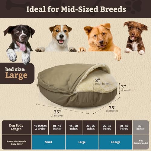 Image of Snoozer Cozy Cave Dog Bed - Indoor Dog Bed with Cover Cave, Covered Calming Burrow for Small & Medium Sized Pets with Blanket Attached, Enclosed, Removable Washable Cover - Large, Khaki