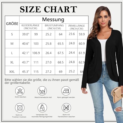 TownCat Strickjacke Damen Dünne Casual Langarm Elegant Cardigan Mit Taschen Leicht Gemütlich Offene Vorderseite Ärmel Draussen Atmungsaktiv Jacken Schwarz M