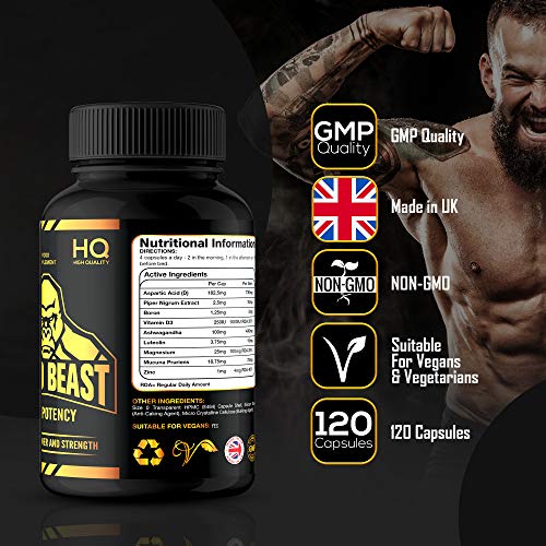 Test Booster for Men | 120 caps | Testosterone Supplement | High Strength | Natural Ingredients Ashwagandha, Vitamin D and Luteolin | Massive 2000mg Serving and Suitable for Vegans | Beast and Bulk - Image 3