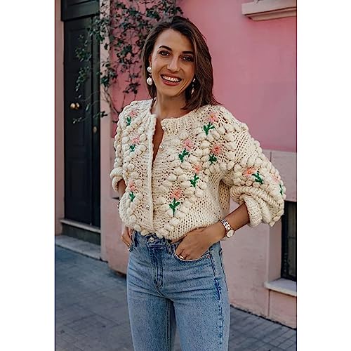 CHICWISH Women's Purple/Cream Stitch Floral Diamond Pom-Pom Hand Knit Cardigan4