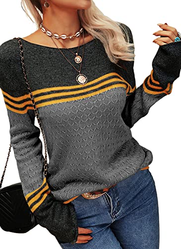 Image of Danedvi Womens Fall Fashion 2026 Sweaters Colorblock Lightweight Striped Crewneck Winter Trendy Pullover Tops