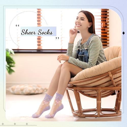 6 Pairs Women Summer Socks Mesh & Lace Ankle Socks - Transparent Floral & Fishnet Designs 5