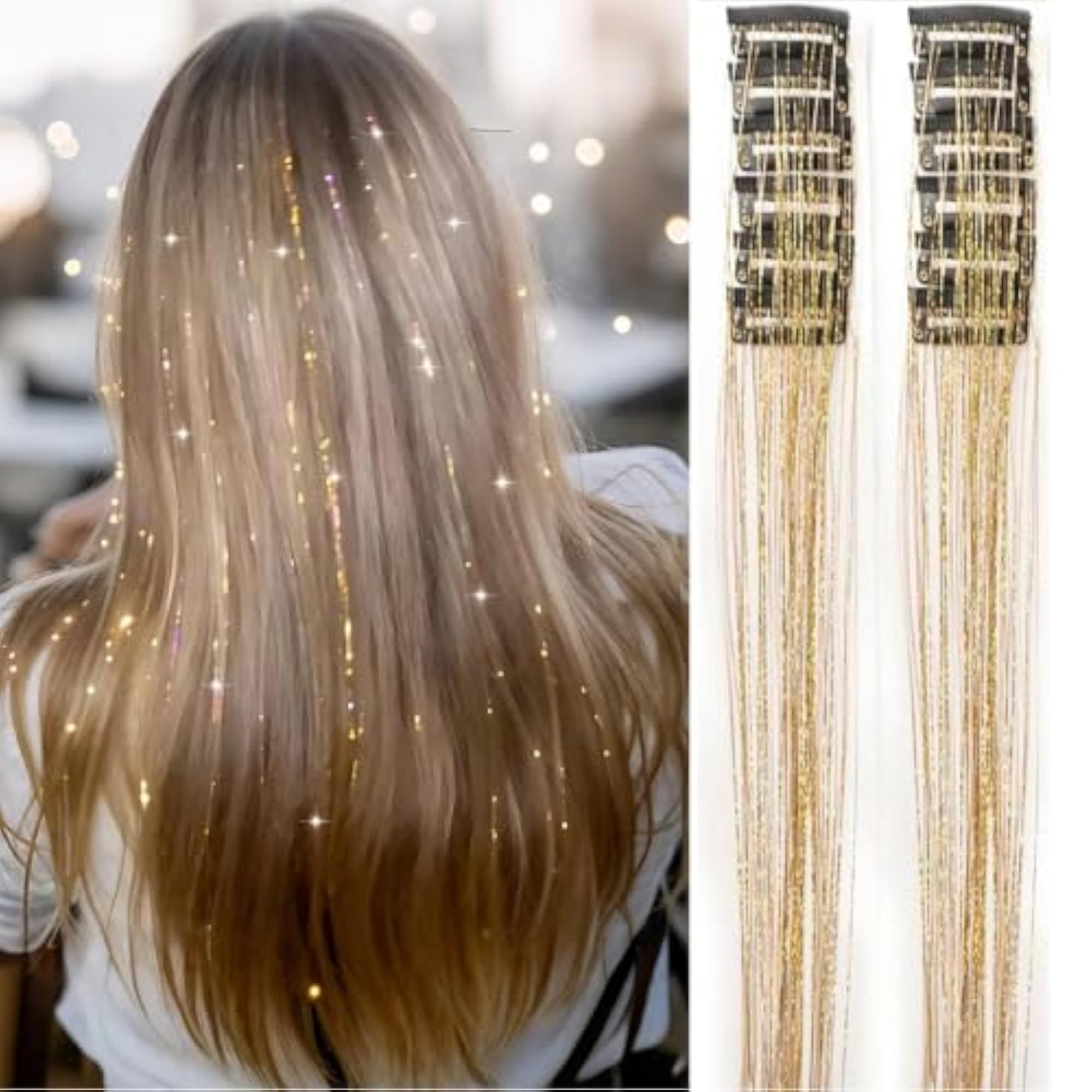 Gold Clip-In Hair Tinsel Extensions, 12 Pcs, Glitter Strands