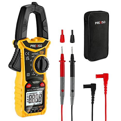 PREXISO Digital Clamp Meter 600A AC Current 600V AC/DC Voltage Digital Multimeter Test for Capacitance Continuity Resistance and Frequency True-RMS with LCD Backlight 2 AAA Batteries Included
