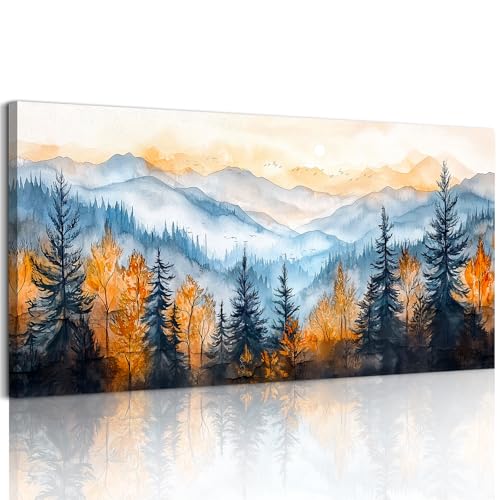 crmotu Mountain Wall Art, Forest Canvas Wall Art, Landscape Art Wall Decor, Autumn Pine Tree Aesthetic Nature Art Prints, Modern Watercolor Painting Wall Decor Living Room Bedroom Kitchen 20"X40"