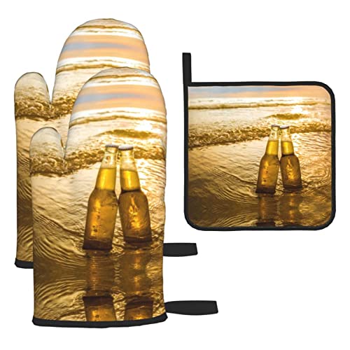 Bottles Beer Beach Sunset Time - Juego de guantes de horno resistentes al calor y al deslizamiento, guantes gruesos largos y flexibles para cocinar, barbacoa, manoplas de cocina (3 piezas)