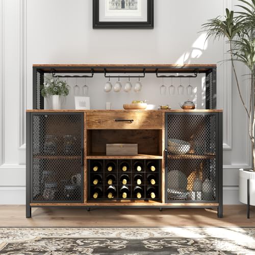 Wine-Bar-Cabinet-with-Drawer-and-LED-Lights-55-Inches-Industry-Coffee-Bar-Cabinet-with-Wine-Rack-and-Glass-Goblet-Holder-Kitchen-Sideboard-Buffet-Cabinet-for-Liquor-and-Goblet Wine Bar Cabinet with Drawer and LED Lights 55 Inches Industry Coffee Bar Cabinet with Wine Rack and Glass Goblet Holder Kitchen Sideboard Buffet Cabinet for Liquor and Goblet