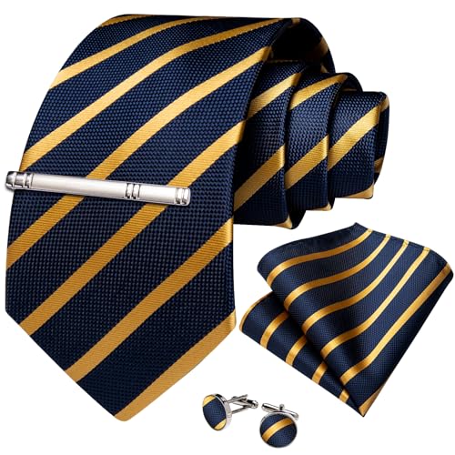 Image of DiBanGu Mens Tie Silk Plaid Striped Necktie and Pocket Square Cufflinks Tie Clip Set with Gift Box Formal Wedding Party