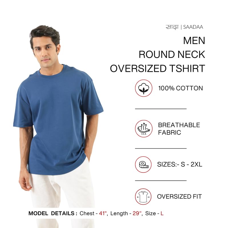 Image of SAADAA Men's Oversized Cotton T-Shirt | 210 GSM Heavyweight Fabric | Drop Shoulder | Dual Knit | Comfortable Casual Wear | Solid Colors
