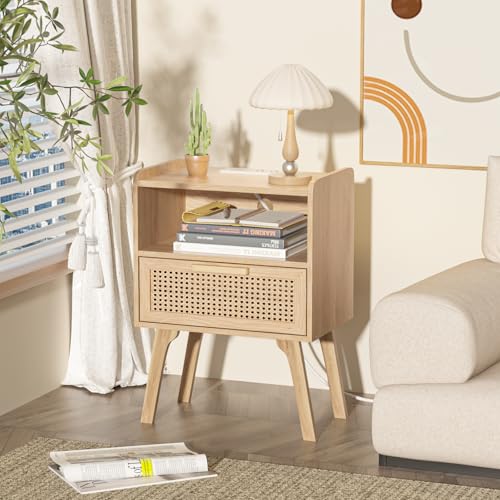 Image of Lerliuo Rattan Nightstands Set of 2 with Charging Station, Boho Night Stand | Handmade Natural Rattan Drawer and Open Shelf, Side End Tables with Solid Wood Legs for Bedroom, Dorm, Small Spaces