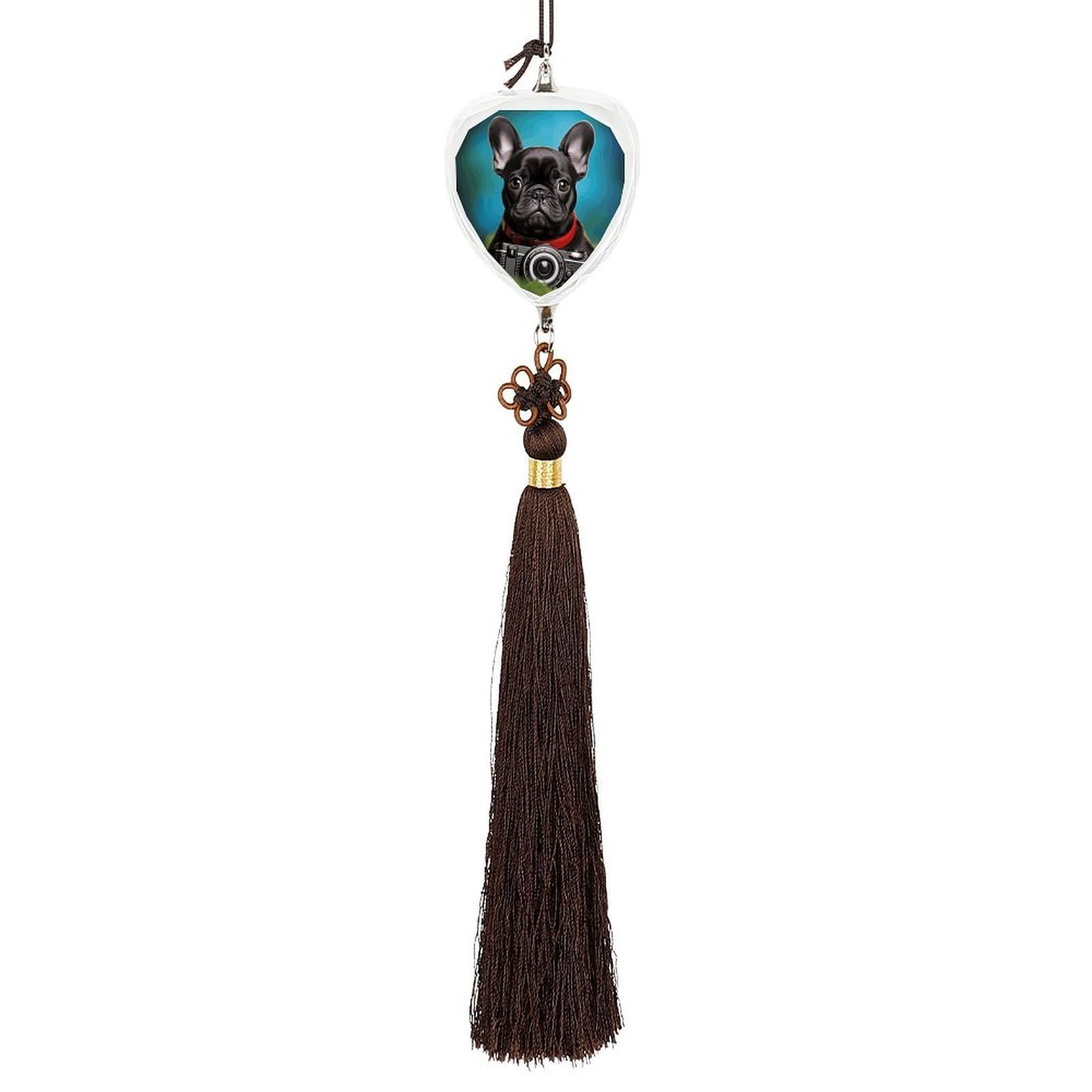 French Bulldog Puppy with Camera Car Pendant Sun Catcher Crystal Ornament for Rearview Mirror, Elegant Car Hanging Ornament with Tassel for Home & Office Decor