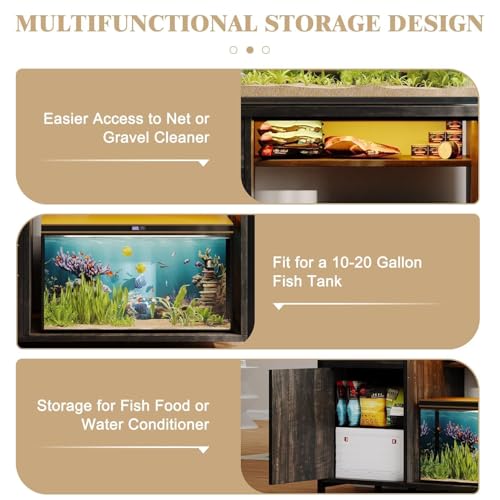 4ever2buy 55-75 Gallon Fish Tank Stand with Power Outlets, LED Light, Heavy Duty Aquarium Stand with Cabinet for Fish Tank Accessories Storage, for Turtle Tank, Reptile Terrarium, 1100LBS, Oak