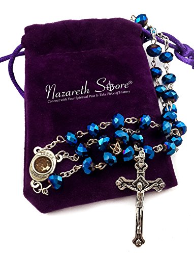 Nazareth Store Deep Blue Crystal Beads Rosary Necklace Catholic Prayer Jerusalem Holy Soil Medal