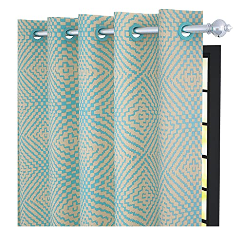 Image of Story@Home Bloom Collection Jacquard Lavish and Modern Rich Floral Print 4 Piece Eyelet Ring top Door Curtain for Bedroom and Hall - 7 Feet, Ocean Blue