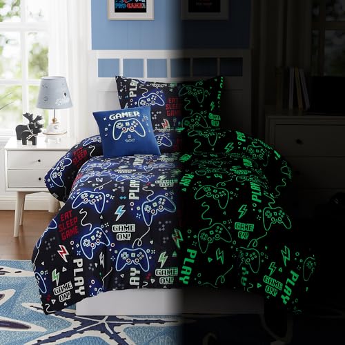 Kids Comforter Set Full Size for Boys, Glow in The Dark Gamer Bedding Set 1 Comforter, 1 Decor Pillow, 2 Pillow Shams