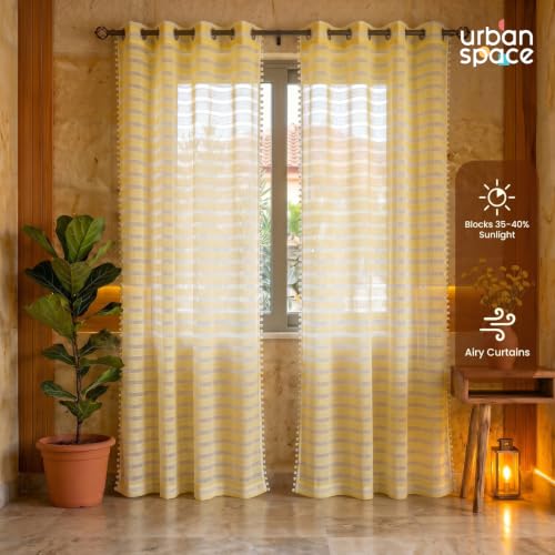 Image of Urban Space Aari Collection Weaved Sheer Curtains for Window 5 Feet, 40-50% Light Filtering Textured Curtain with Eyelets and Tieback, Set of 2 Decorative Curtains (Weaves Yellow, Window- 5 Ft)