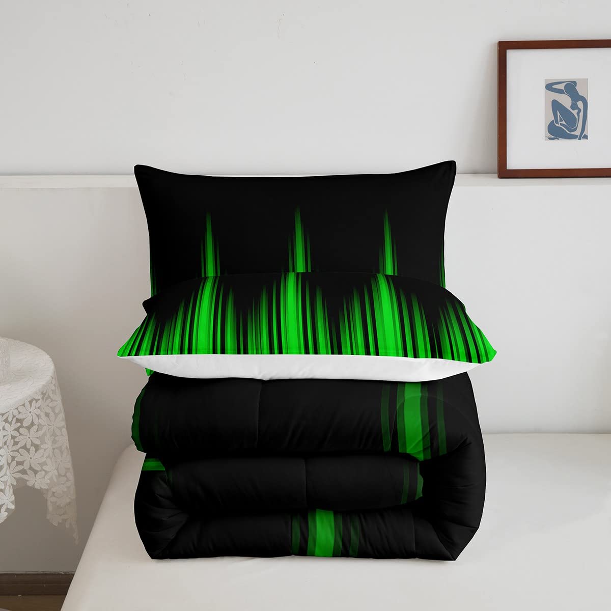 Spannbettlaken-Set Geometrisch - Doppelbett, Grün-neon Gestreift, Aus Mikrofaser