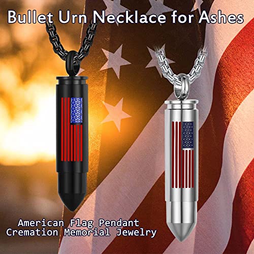 Bullet Urn Necklace for Ashes Stainless Steel Box Chain 24 inch American Flag Pendant Cremation Memorial Jewelry for Men2