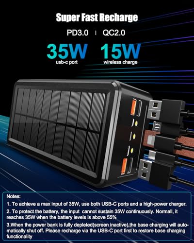 80000mAh Power Bank 35W Fast Charging Wireless Solar Charger - High Capacity Charger Power Bank for Camping, Travel, Emergencies, Tech Devices | 7-Port PD/USB-C, LED Flashlight (Black) - Image 3