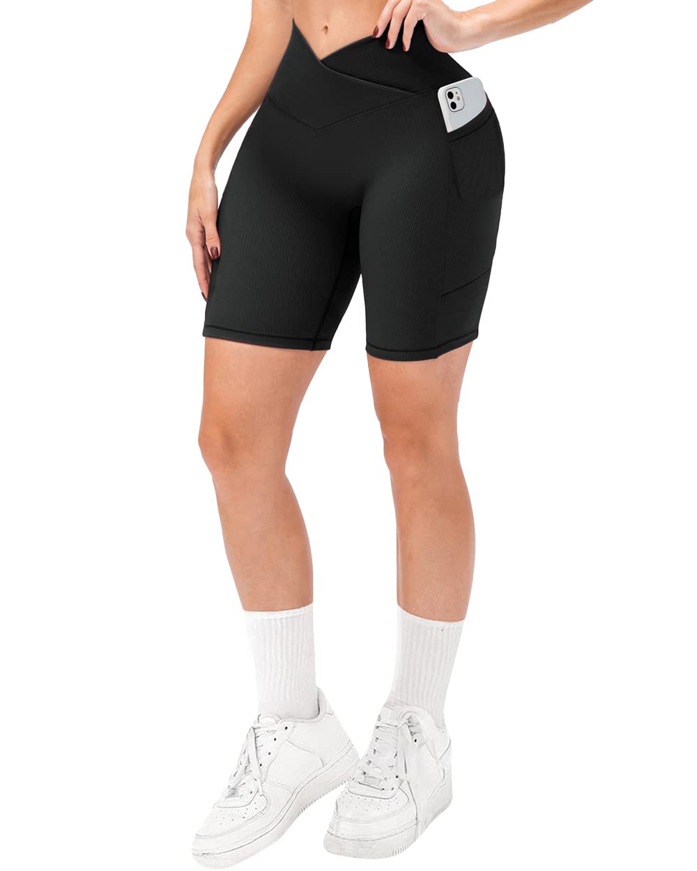 YuerlianWomen Seamless Booty Biker Shorts Cross Workout Shorts 5" High Waisted Shorts with Pockets