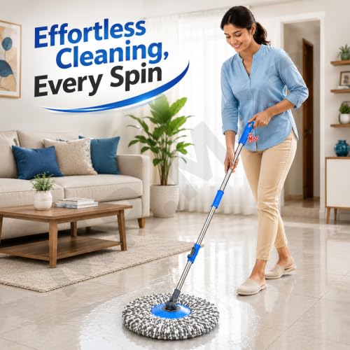 Image of Mr.Mop 360 Degree Spin Universal Mop Stick Rod with 1 Microfiber Grey Refill | Magical Extendable Handle Pocha for Floor Cleaning - Blue Rod + Grey Refill