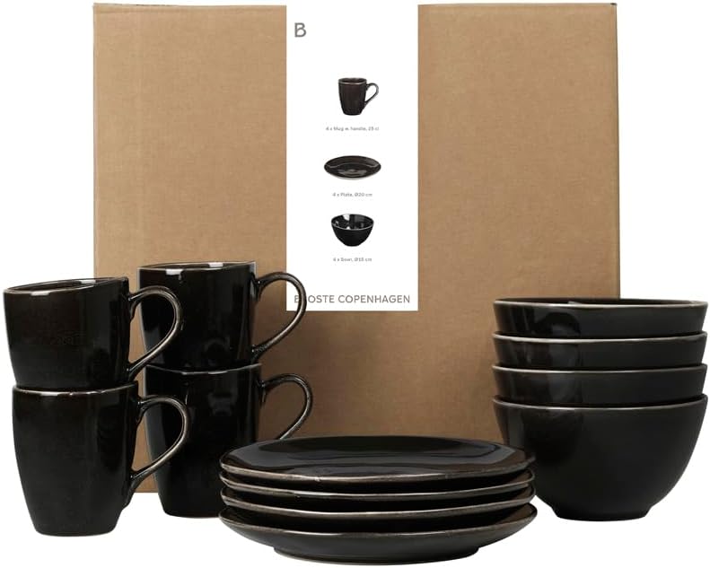 Broste Copenhagen Nordic Coal Breakfast Set for Four in Coal, Made of Stoneware, Dishwasher and Microwave Safe, 80019731