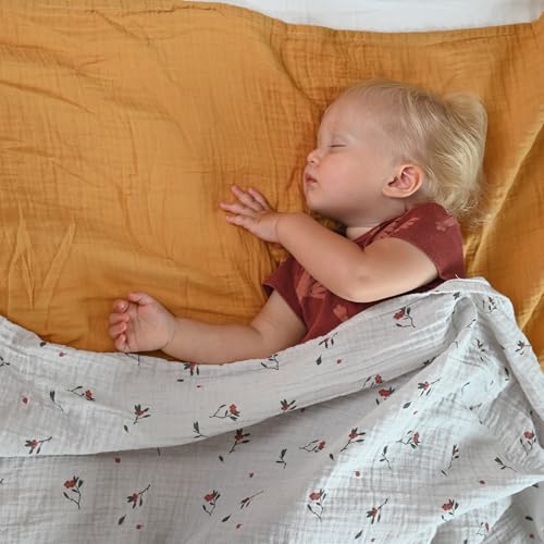Image of POMISO Muslin Swaddle Blankets for Boys & Girls, Newborn Receiving Blankets, 4 Pack Soft Breathable Baby Swaddles, Large 47x47 Inches, Red Berries & Earthy Colors
