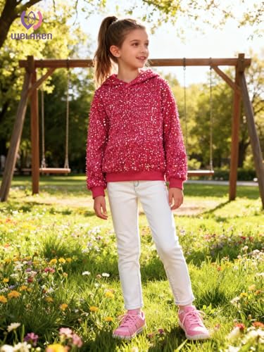 WELAKEN Girls' Sequin Hooded Sweatshirt with Pockets Sparkle Long Sleeves Pullover Hoodie for Kids & Toddler4