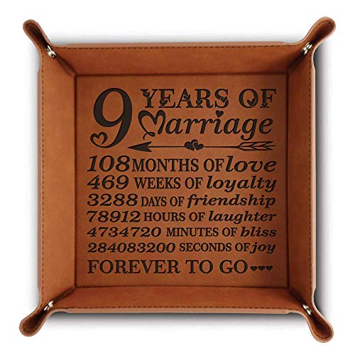 Bella Busta -9 years of Marriage-Forever to go-Engraved Leather Tray with Breakdown Dates-Storage & Organization Jewelry Trays (Rawhide) (Rawhide)